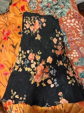 Sezane Black Floral A-Line Skirt with Peach & Coral Blooms